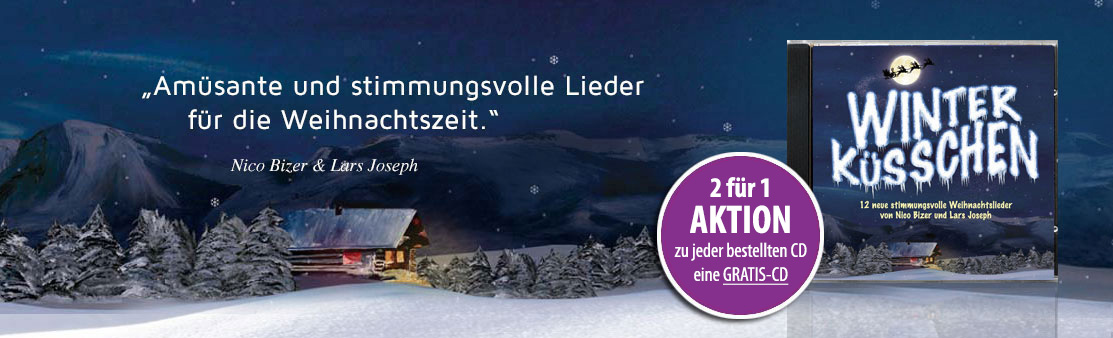 Banner mit Winterküsschen CD vor Landschaft mit Schnee